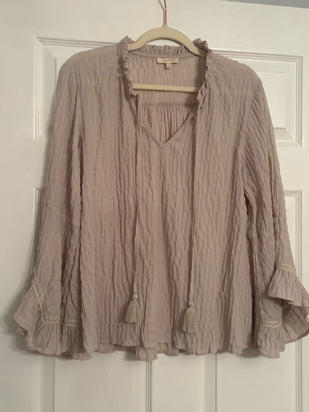 Mystree Taupe Crinkle Peasant Tunic with Tassel Ties
